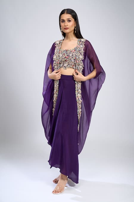 Buy_Prisho_Purple Sequins Round Neck Placket Embroidered Cape Skirt Set 