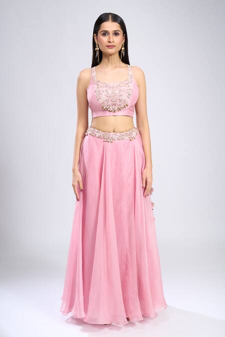 Prisho_Pink Embroidery, Zari Round , High Resham Cape Skirt Set _Online_at_Aza_Fashions