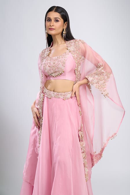 Buy_Prisho_Pink Embroidery, Zari Round , High Resham Cape Skirt Set 