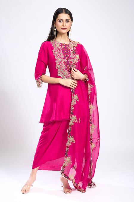 Buy_Prisho_Fuchsia Embroidery Round Neck Yoke Kurta Skirt Set _Online_at_Aza_Fashions