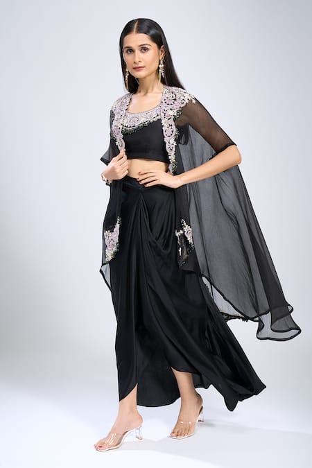 Prisho_Black Polyester Embroidery Round Neck Cape Skirt Set _Online_at_Aza_Fashions