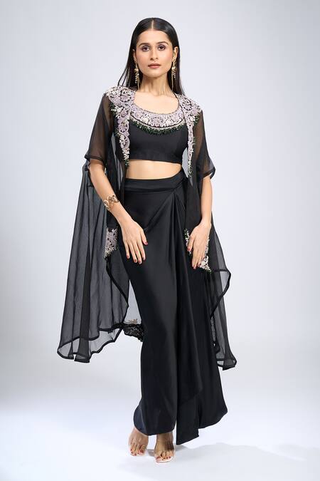 Buy_Prisho_Black Polyester Embroidery Round Neck Cape Skirt Set _Online_at_Aza_Fashions