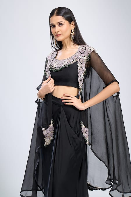 Shop_Prisho_Black Polyester Embroidery Round Neck Cape Skirt Set _Online_at_Aza_Fashions