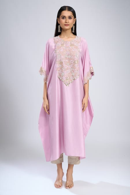 Shop_Prisho_Purple Zari, Embroidery Round Neck Zardozi Kaftan With Pant _Online_at_Aza_Fashions