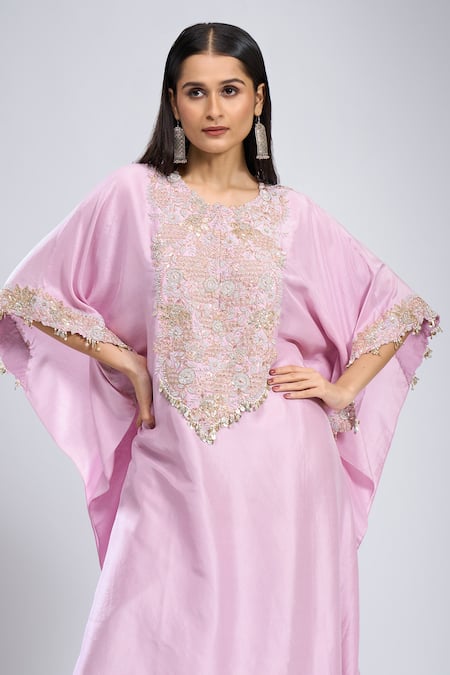 Prisho_Purple Zari, Embroidery Round Neck Zardozi Kaftan With Pant _at_Aza_Fashions