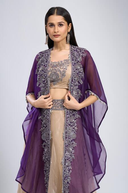 Buy_Prisho_Gold Zari, Tassels, Embroidery Round , Open Zardozi Cape Skirt Set _Online_at_Aza_Fashions