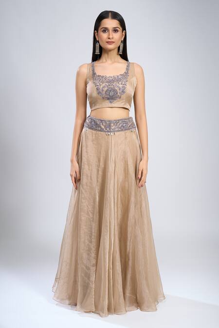 Shop_Prisho_Gold Zari, Tassels, Embroidery Round , Open Zardozi Cape Skirt Set _Online_at_Aza_Fashions