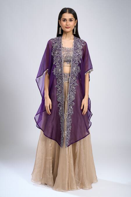 Prisho_Gold Zari, Tassels, Embroidery Round , Open Zardozi Cape Skirt Set _at_Aza_Fashions