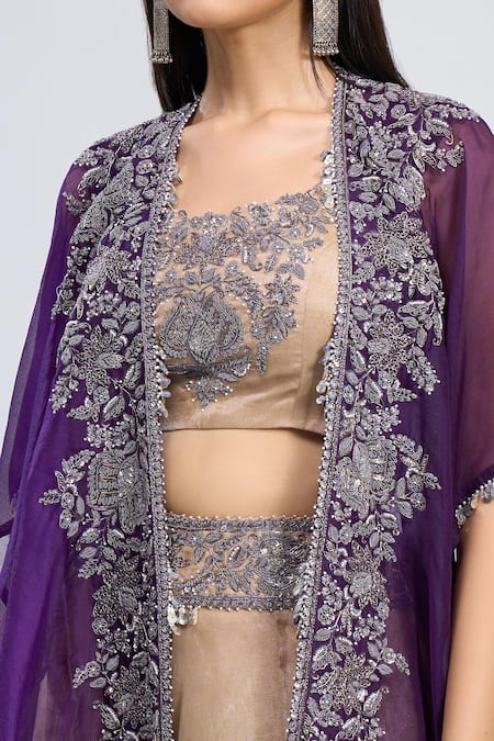 Buy_Prisho_Gold Zari, Tassels, Embroidery Round , Open Zardozi Cape Skirt Set 