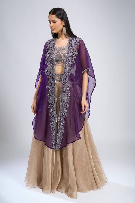 Shop_Prisho_Gold Zari, Tassels, Embroidery Round , Open Zardozi Cape Skirt Set 