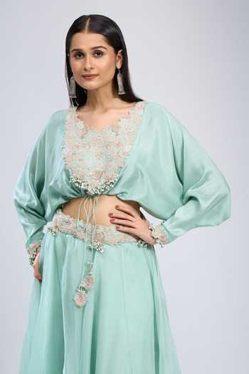 Buy_Prisho_Blue Embroidery, Tassels V-neck Placket Blouse With Skirt _Online_at_Aza_Fashions