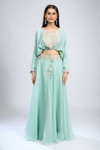 Shop_Prisho_Blue Embroidery, Tassels V-neck Placket Blouse With Skirt _Online_at_Aza_Fashions