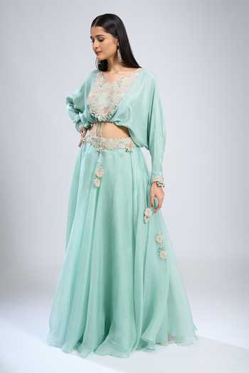 Prisho_Blue Embroidery, Tassels V-neck Placket Blouse With Skirt _at_Aza_Fashions