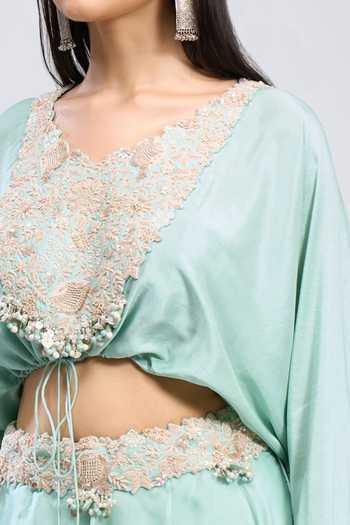 Buy_Prisho_Blue Embroidery, Tassels V-neck Placket Blouse With Skirt 