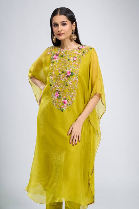 Shop Prisho Green Embroidery Round Neck Dori Kaftan Pant Set Online at Aza Fashions Shop_Prisho_Green Embroidery Round Neck Dori Kaftan Pant Set _Online_at_Aza_Fashions