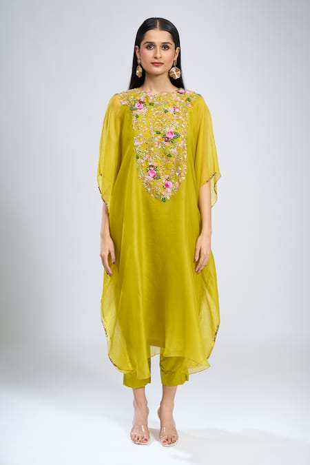 Buy Prisho Green Embroidery Round Neck Dori Kaftan Pant Set Buy_Prisho_Green Embroidery Round Neck Dori Kaftan Pant Set