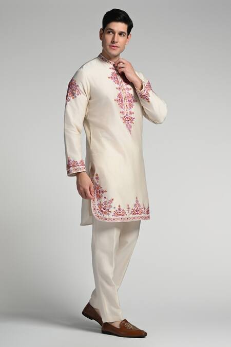 Taroob_Off White Cotton, Silk Embroidery Kurta And Pyjama Set_Online_at_Aza_Fashions