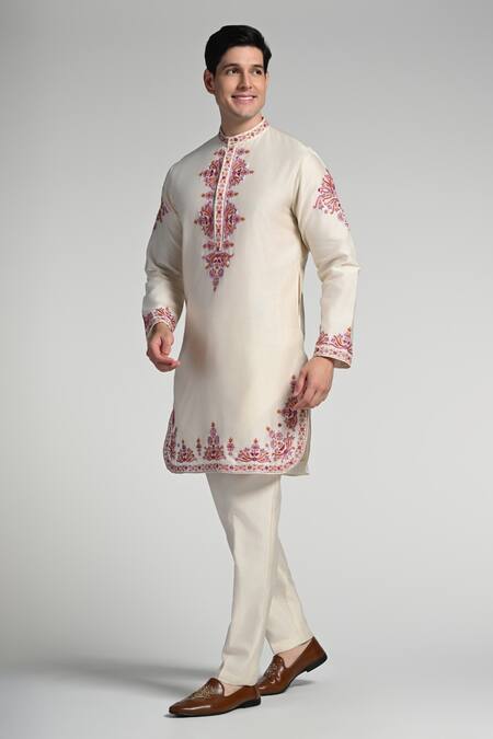 Buy_Taroob_Off White Cotton, Silk Embroidery Kurta And Pyjama Set_Online_at_Aza_Fashions