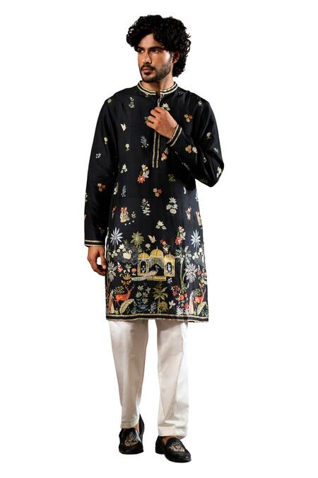 Taroob_Black Silk Printed Raw Blend Kurta Set _Online_at_Aza_Fashions