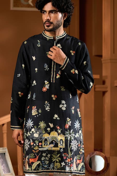 Buy_Taroob_Black Silk Printed Raw Blend Kurta Set _Online_at_Aza_Fashions