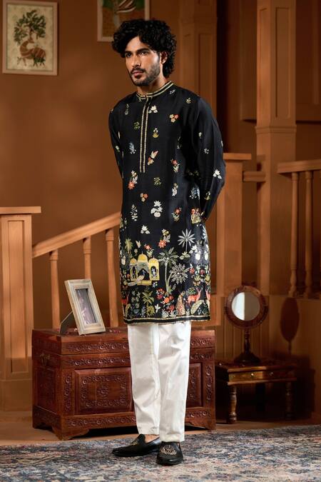 Taroob_Black Silk Printed Raw Blend Kurta Set _at_Aza_Fashions