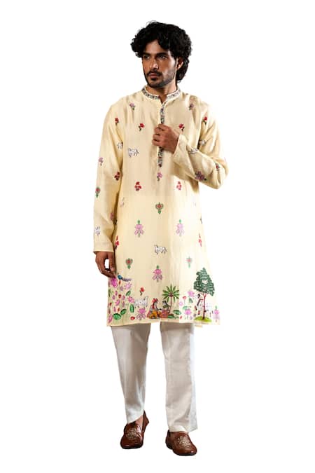 Taroob_Beige Pichwai Print Kurta And Pyjama Set _Online_at_Aza_Fashions