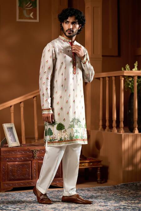 Taroob_Gray Silk Mughal Motif Kurta And Pyjama Set _Online_at_Aza_Fashions