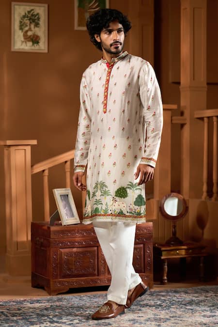Shop_Taroob_Gray Silk Mughal Motif Kurta And Pyjama Set _Online_at_Aza_Fashions