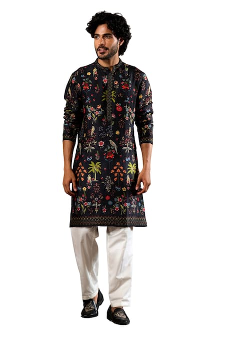 Taroob_Black Silk Jungle Motif Printed Kurta And Pajama Set _Online_at_Aza_Fashions
