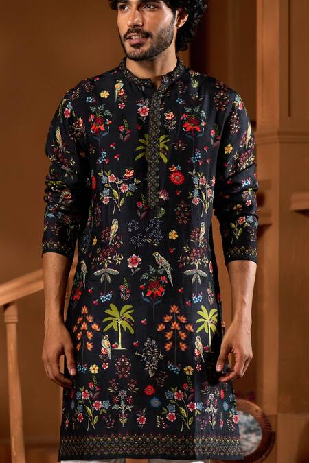 Taroob_Black Silk Jungle Motif Printed Kurta And Pajama Set _at_Aza_Fashions