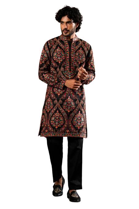 Buy_Taroob_Black Silk, Cotton Embroidery Kurta Pyjama Set _Online_at_Aza_Fashions