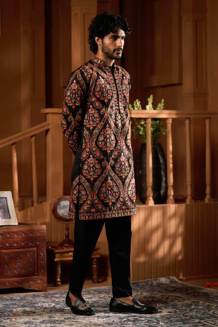 Shop_Taroob_Black Silk, Cotton Embroidery Kurta Pyjama Set _Online_at_Aza_Fashions