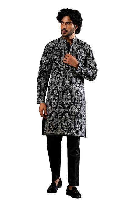Taroob_Black Silk, Cotton Embroidery Kurta And Pyjama Set _Online_at_Aza_Fashions