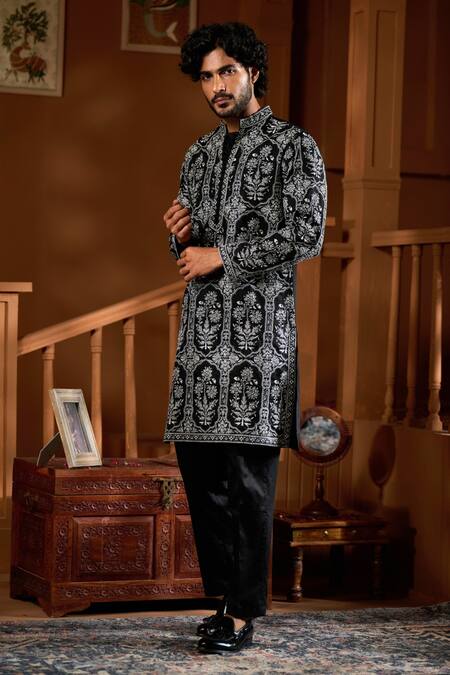 Buy_Taroob_Black Silk, Cotton Embroidery Kurta And Pyjama Set _Online_at_Aza_Fashions