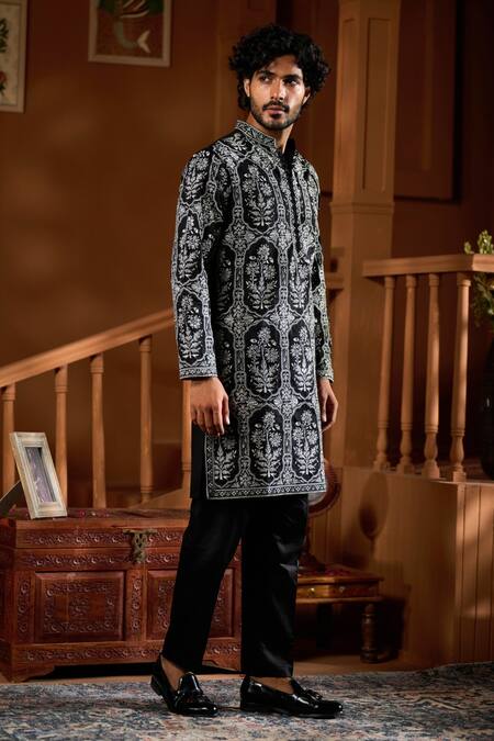 Shop_Taroob_Black Silk, Cotton Embroidery Kurta And Pyjama Set _Online_at_Aza_Fashions