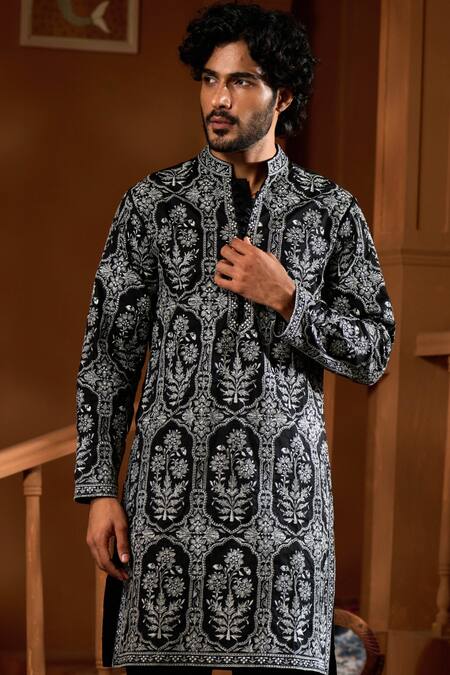 Taroob_Black Silk, Cotton Embroidery Kurta And Pyjama Set _at_Aza_Fashions
