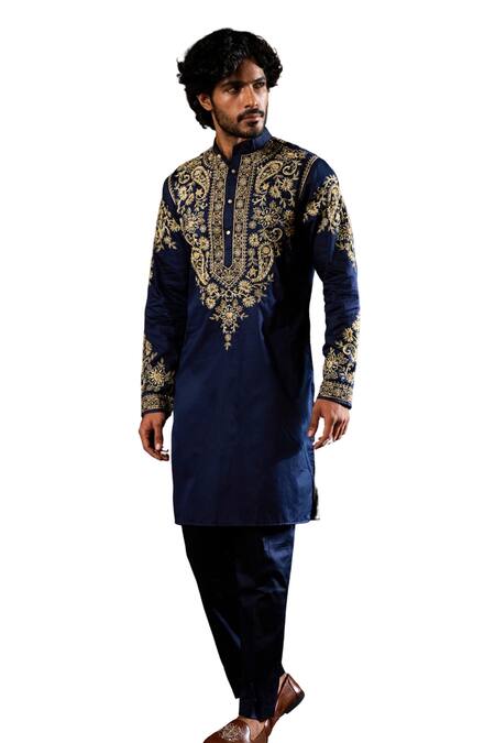 Taroob Blue Silk, Cotton Embroidery Kurta Pajama Set Online at Aza Fashions Taroob_Blue Silk, Cotton Embroidery Kurta Pajama Set _Online_at_Aza_Fashions