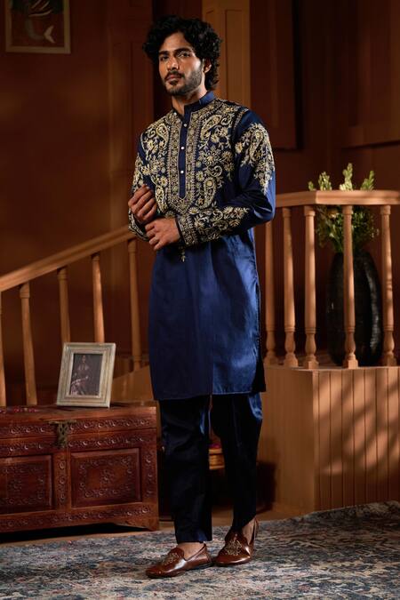 Buy Taroob Blue Silk, Cotton Embroidery Kurta Pajama Set Online at Aza Fashions Buy_Taroob_Blue Silk, Cotton Embroidery Kurta Pajama Set _Online_at_Aza_Fashions