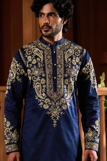 Taroob Blue Silk, Cotton Embroidery Kurta Pajama Set at Aza Fashions Taroob_Blue Silk, Cotton Embroidery Kurta Pajama Set _at_Aza_Fashions