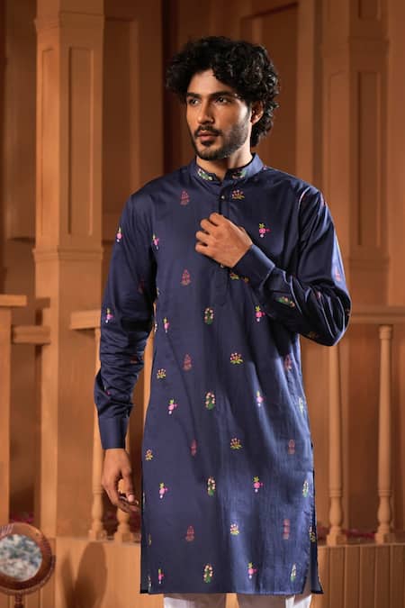 Taroob_White Silk, Cotton Embroidery Kurta And Pyjama Set _Online_at_Aza_Fashions