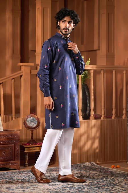Shop_Taroob_White Silk, Cotton Embroidery Kurta And Pyjama Set _Online_at_Aza_Fashions