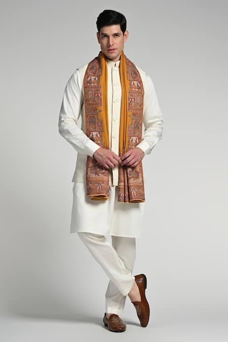 Shop_Taroob_Multi Color Taroob Fine Wool Mughal-darbar Border Kaani Stole_Online_at_Aza_Fashions