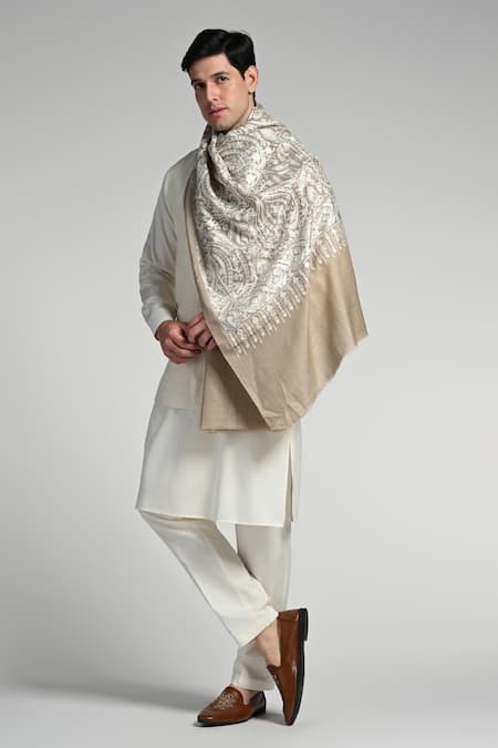 Taroob Taroob Tone on Tone Wool Silk Embroidered Stole 