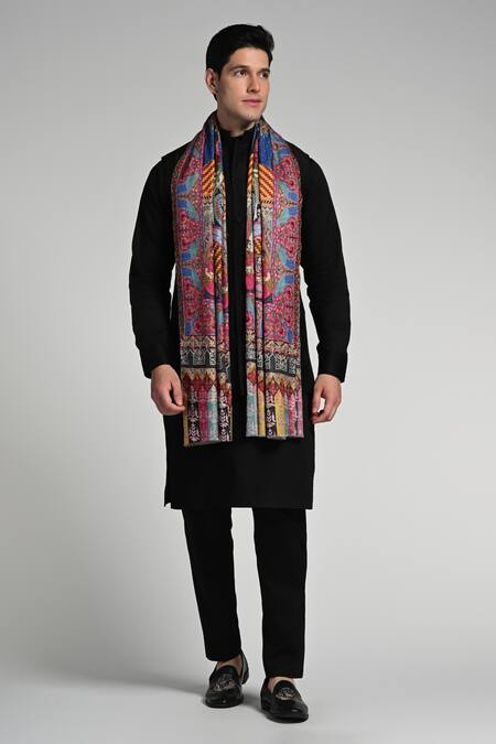 Taroob_Multi Color Taroob Regal Raj-darbar Fine Wool Kalamkari Stole _Online_at_Aza_Fashions