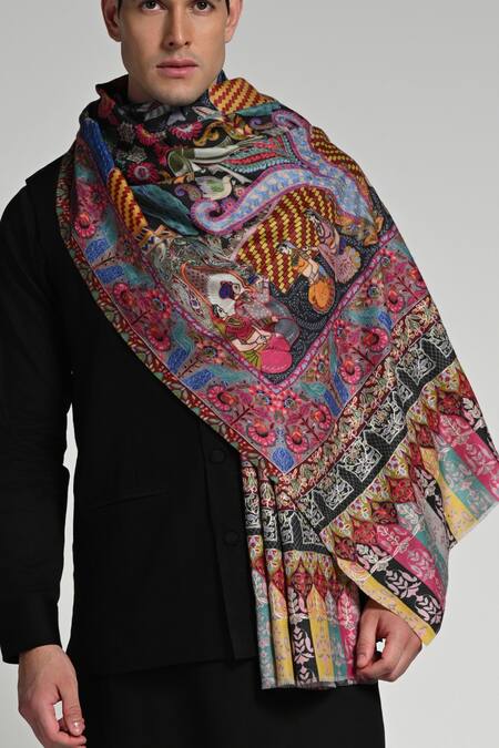 Shop_Taroob_Multi Color Taroob Regal Raj-darbar Fine Wool Kalamkari Stole _Online_at_Aza_Fashions