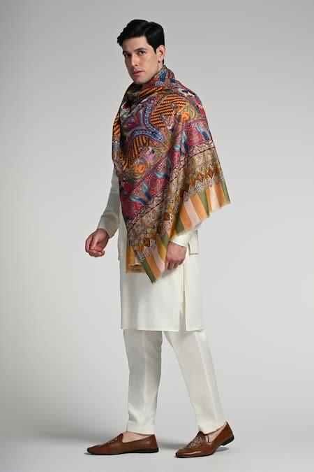 Taroob_Multi Color Taroob Royal Raj-darbar Fine Wool Kalamkari Stole _Online_at_Aza_Fashions
