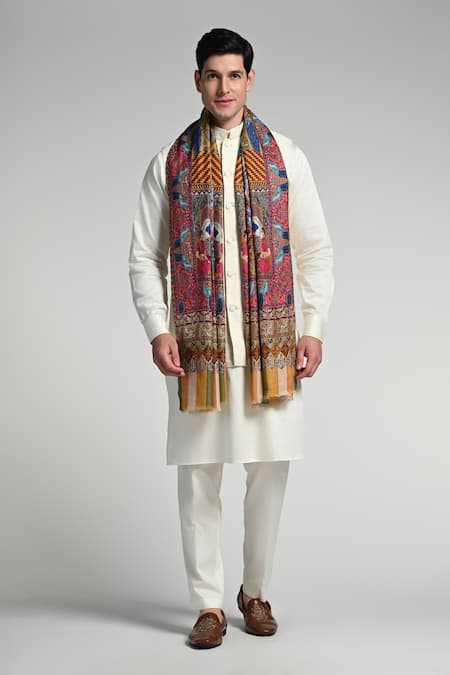 Buy_Taroob_Multi Color Taroob Royal Raj-darbar Fine Wool Kalamkari Stole _Online_at_Aza_Fashions