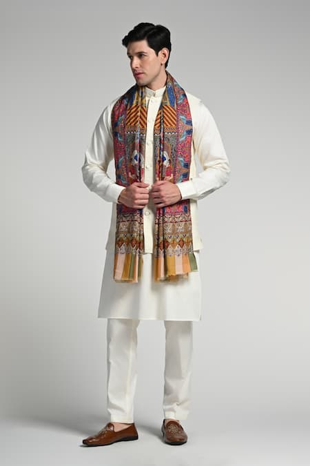 Shop_Taroob_Multi Color Taroob Royal Raj-darbar Fine Wool Kalamkari Stole _Online_at_Aza_Fashions