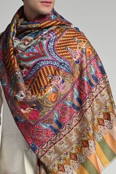 Buy_Taroob_Multi Color Taroob Royal Raj-darbar Fine Wool Kalamkari Stole 