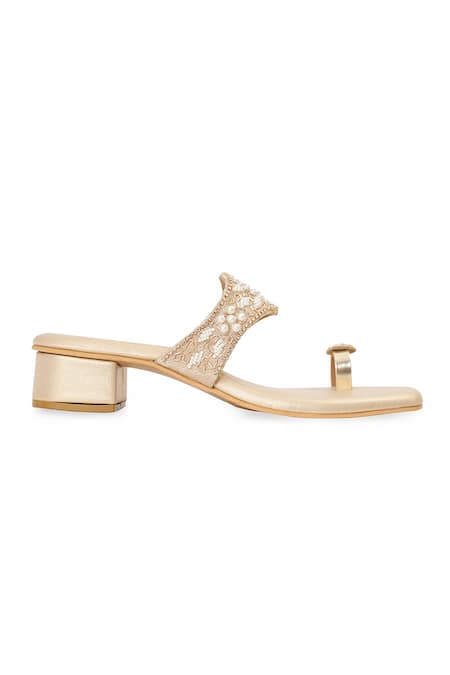 NR By Nidhi Rathi_Gold Pearls, Beads, Rhinestones And Sequin Embellished Block Heels _Online_at_Aza_Fashions